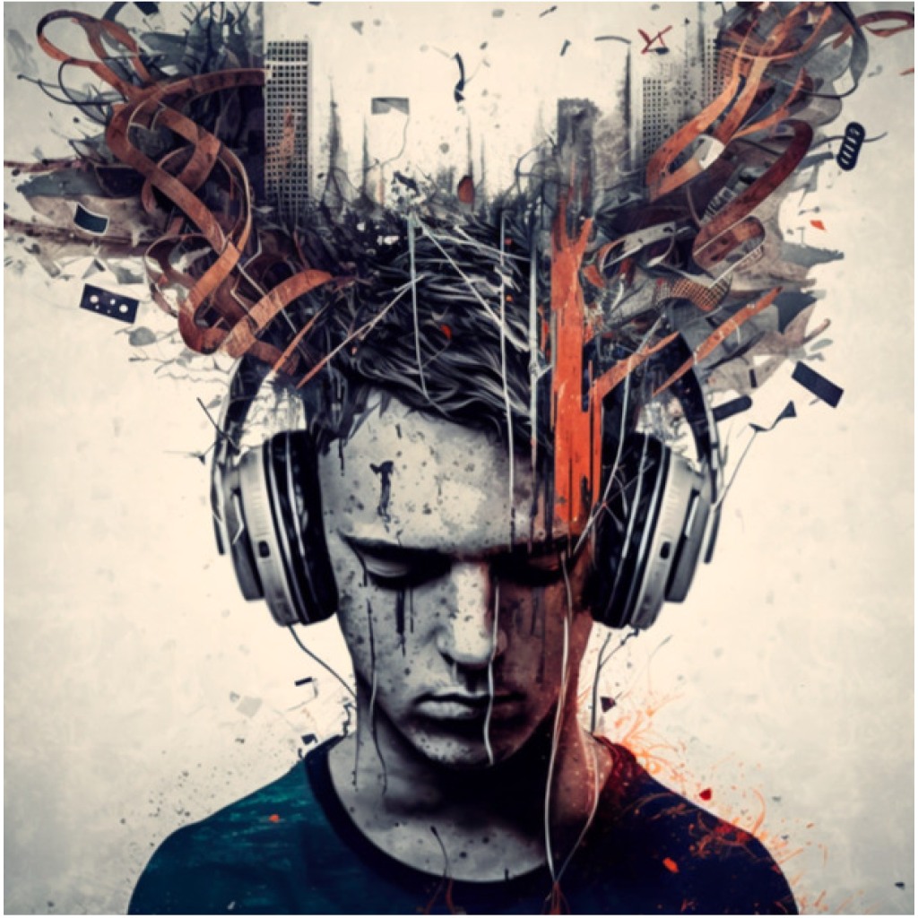 Copertina del libro 'Come vivere di musica senza impazzire' con un'illustrazione creativa di un giovane con cuffie e elementi artistici che emergono dalla sua testa, rappresentando l'ispirazione musicale.