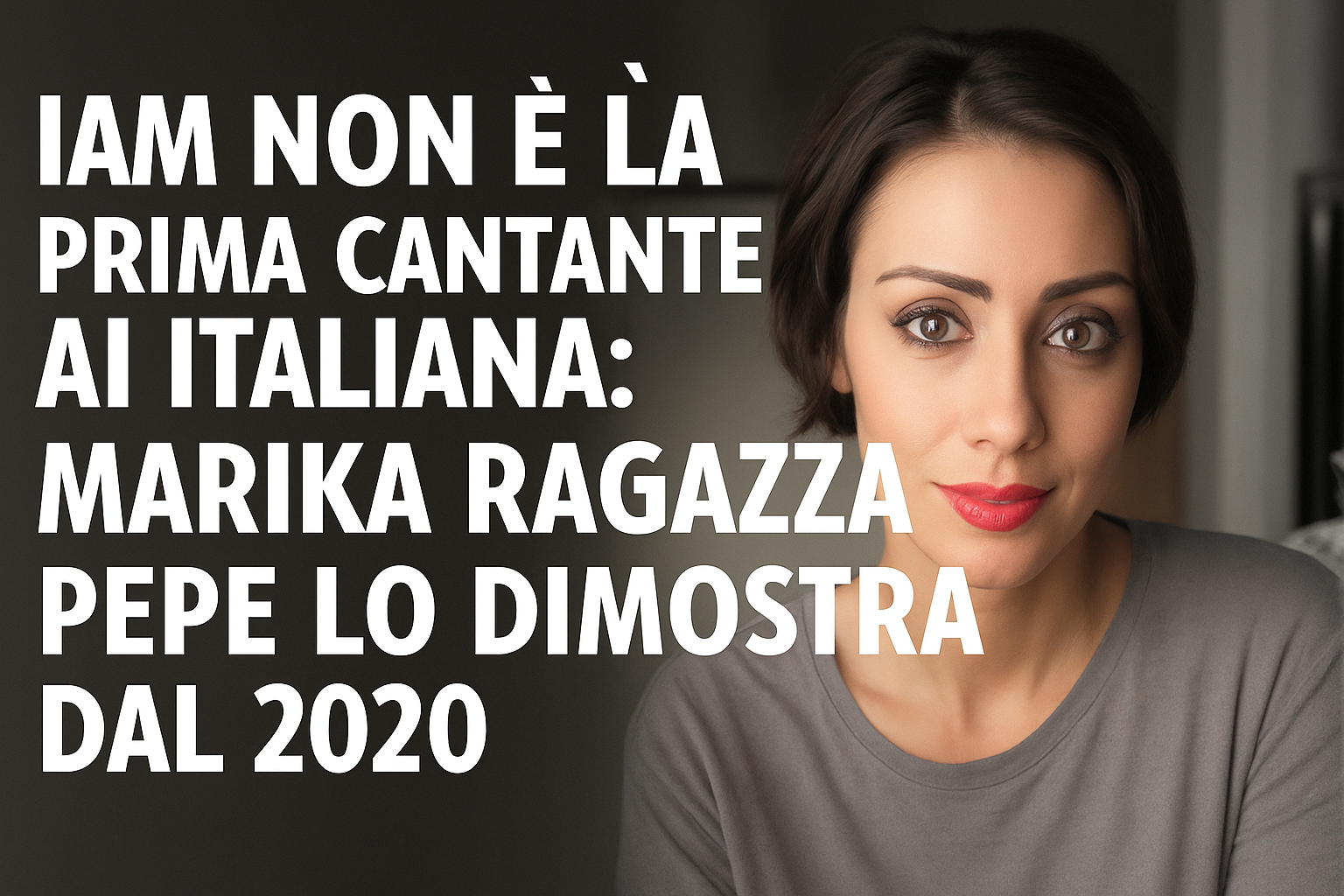 Marika Ragazza Pepe in primo piano con sfondo sfocato e testo in sovrimpressione: "IAM non è la prima cantante AI italiana: Marika Ragazza Pepe lo dimostra dal 2020