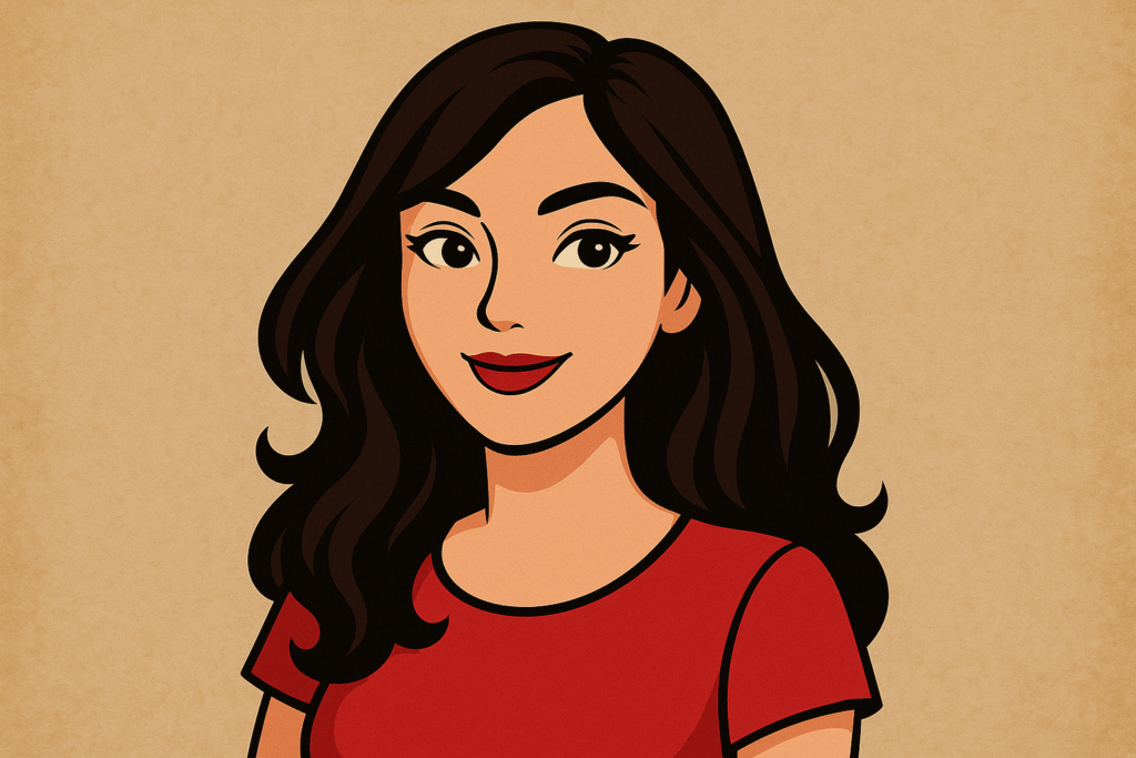 Illustrazione cartoon di una bellissima ragazza mora elegante con capelli lunghi e occhi intensi su sfondo neutro